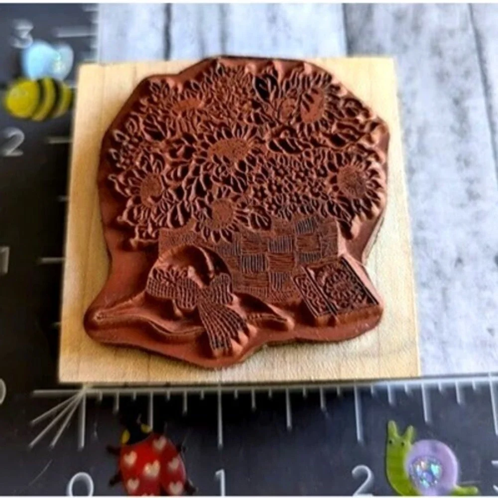 Delafield Sunflowers Bushel Hat Basket Rubber Stamp Wood #C30